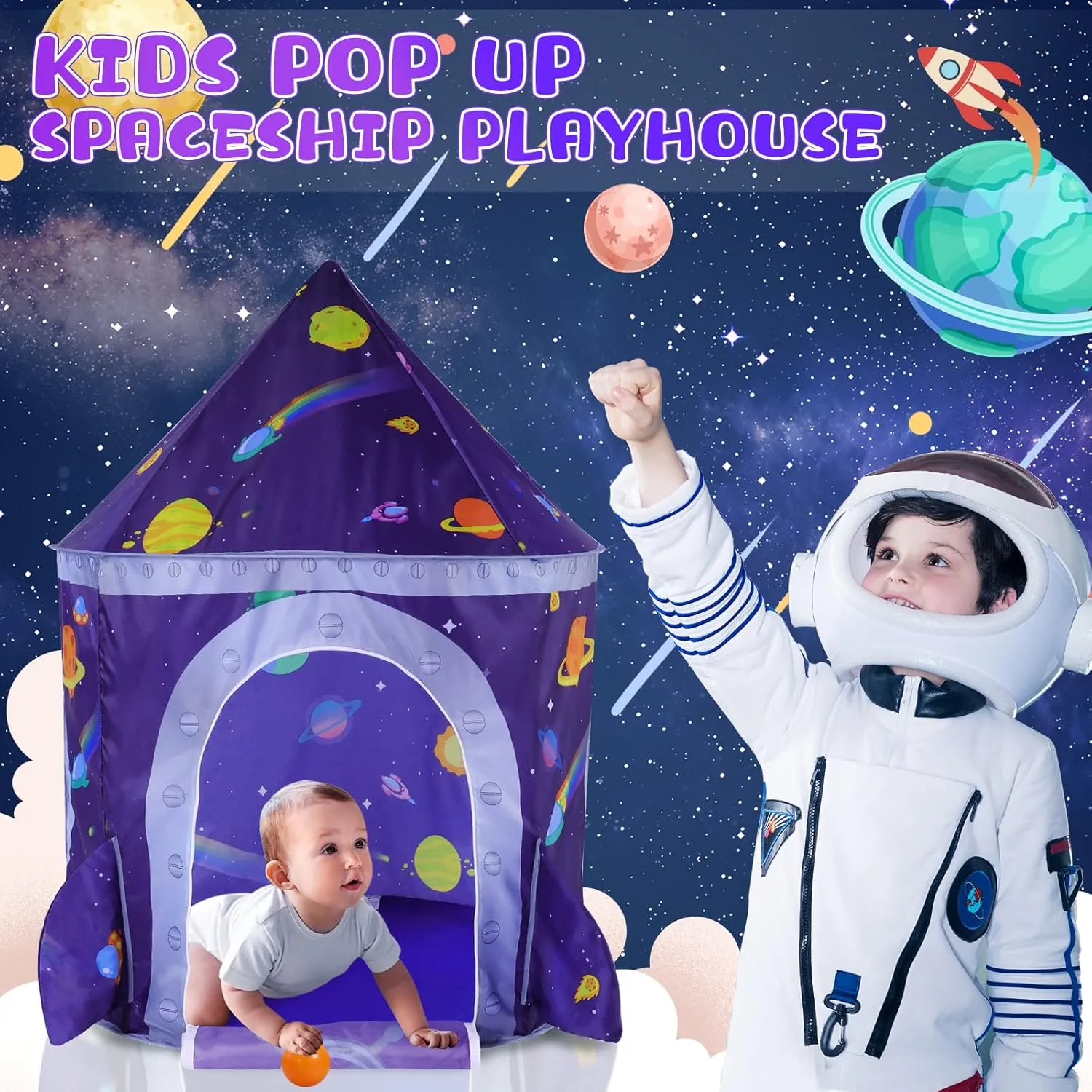 3pc Space Ship Kids Play Tent, Crawl Tunnel, Ball Pit for Toddlers, Indoor Outdoor Playhouse Castle Toys, Baby Boys Girls for 3 4 5 6 7 Years Old (Balls Not Included)