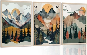 3Pcs Mountain Nursery Wall Art Abstract Sunset Forest Landscapes Cancas Prints Woodland Adventure Theme Posters Watercolor nature Pictures Paintings for Boys Room Nordic Style Wall Decor Unframed