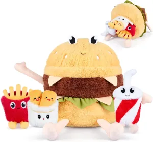 4-in-1 Hamburger Plush Toys with Baby Plushies, 4pcs Set Stuffed Animals Surprise Inside, Soft & Squishy Cheeseburger Pillow Plushies Decor, Cuddly Stuffed Toys Gift for Kids & Adults