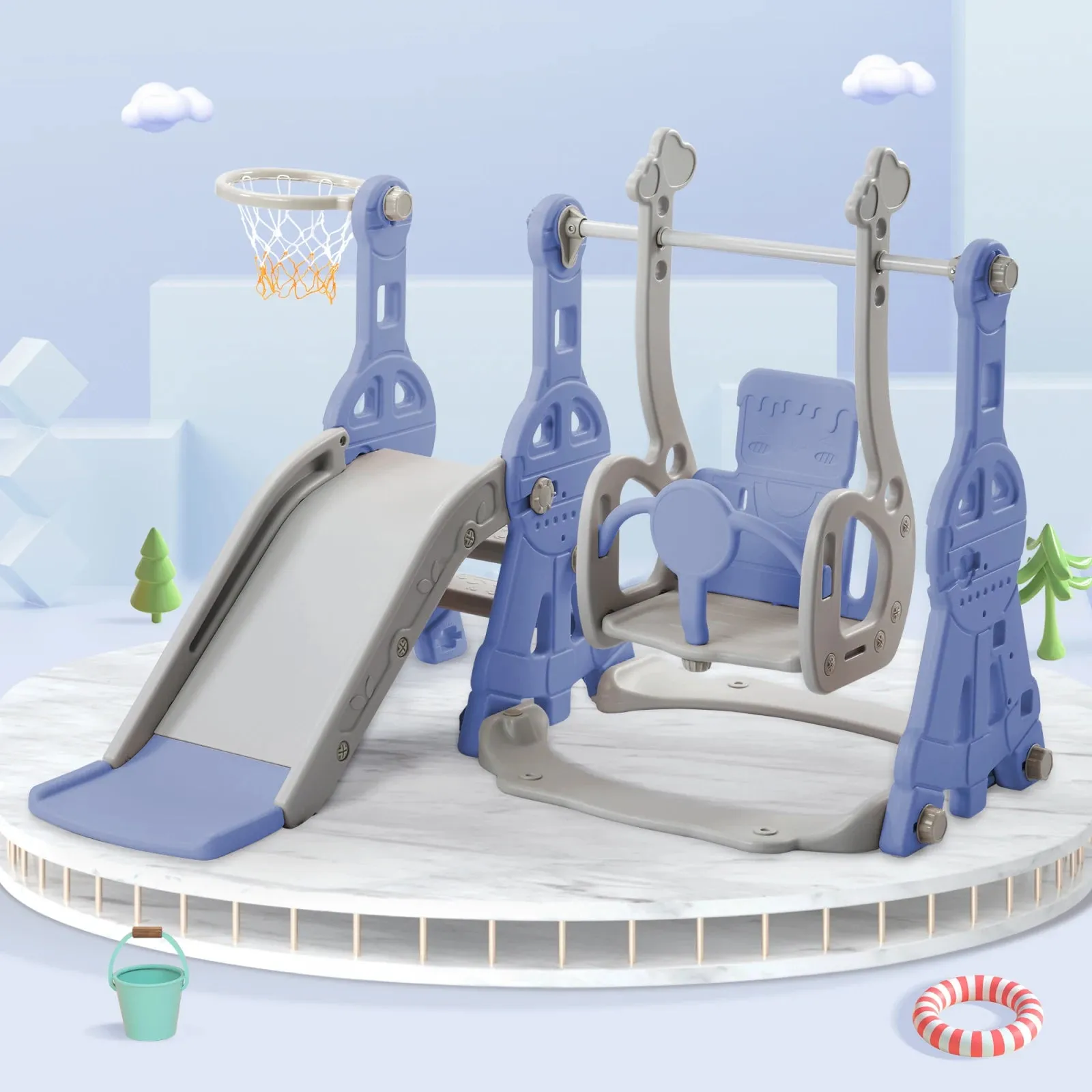 4-in-1 Kids Slide, Swing & Basketball Set