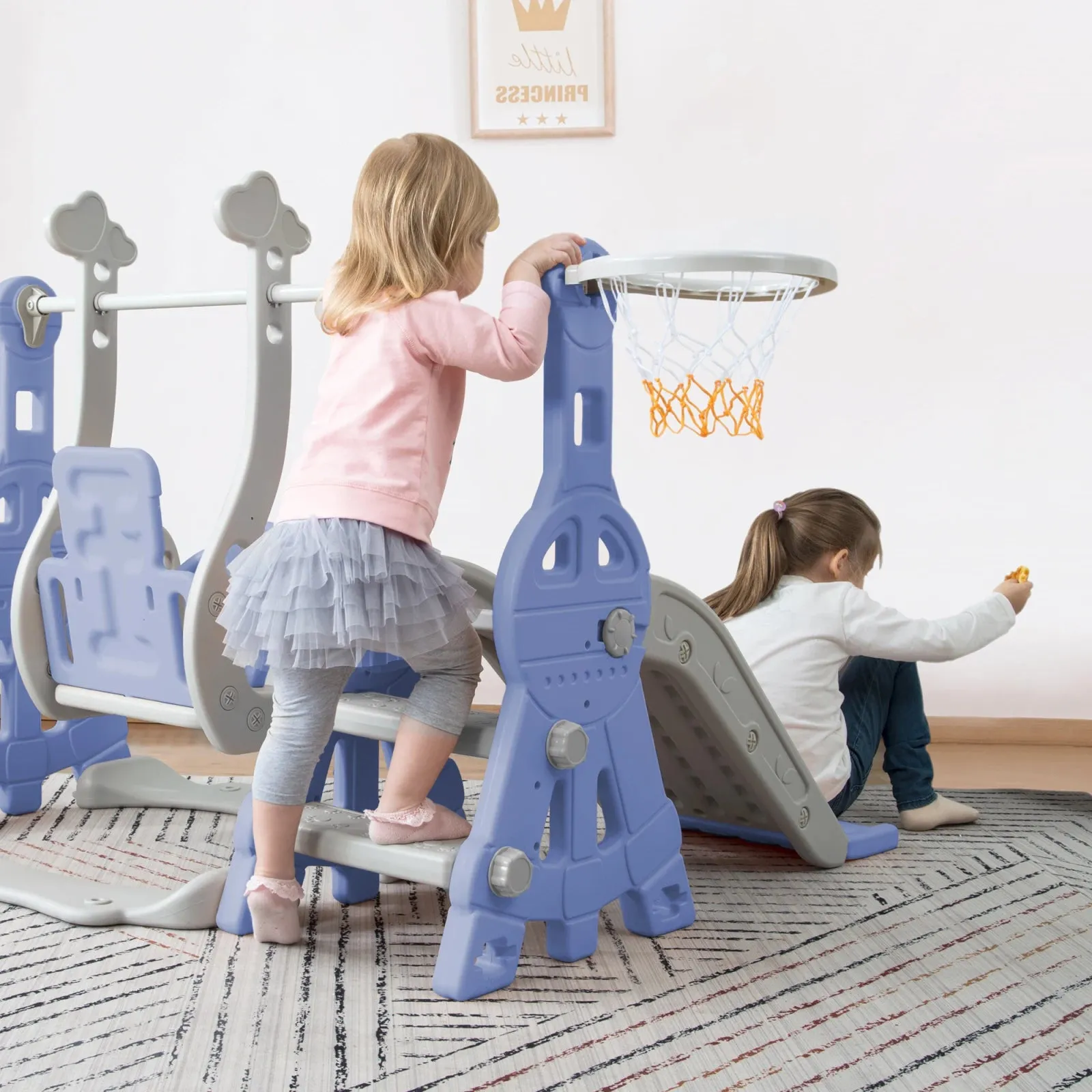 4-in-1 Kids Slide, Swing & Basketball Set