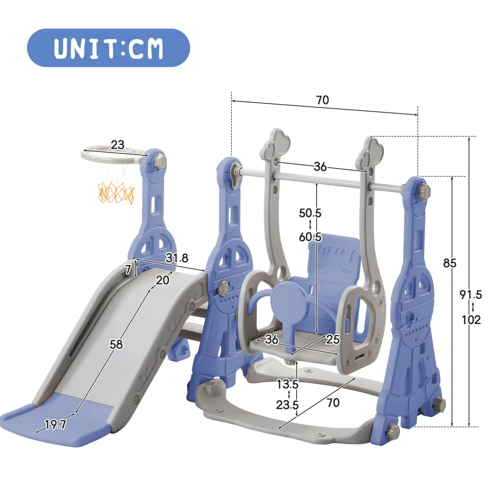 4-in-1 Kids Slide, Swing & Basketball Set