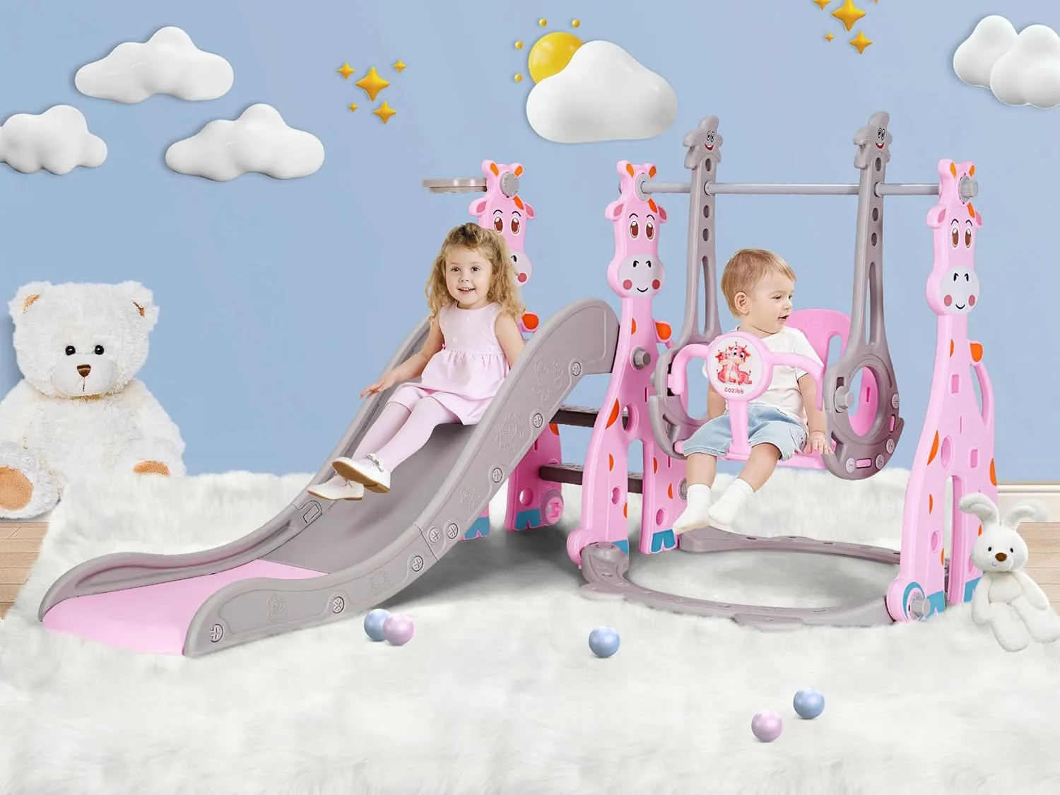 4 in 1 Toddler Slide and Swing Set, Kid Slide for Age 18-36 Months Indoor Outdoor Baby Slide Playset with Basketball Hoop, Ball, Climber and Swing, Toddler Slide Plastic Slide(Pink)