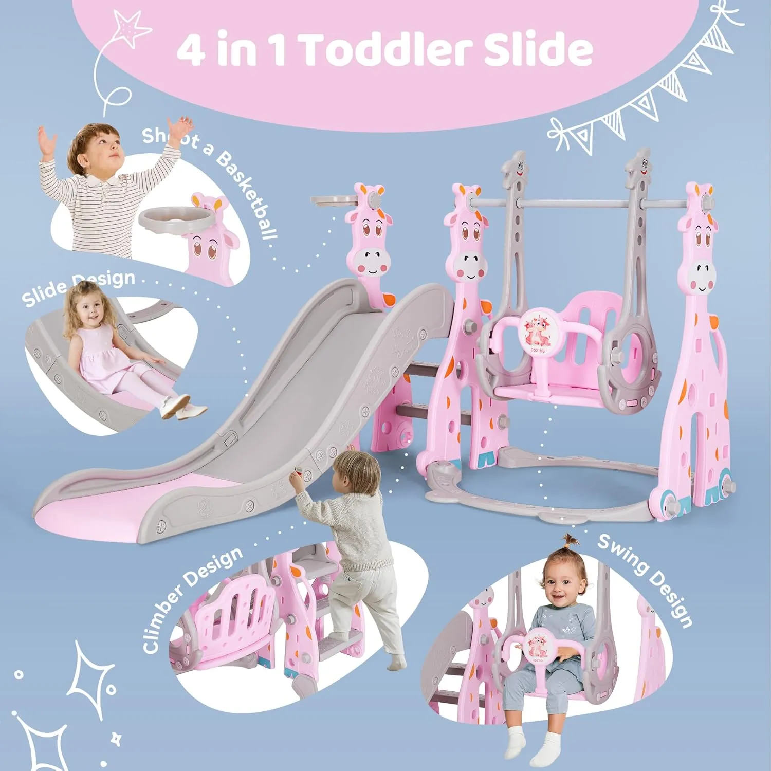 4 in 1 Toddler Slide and Swing Set, Kid Slide for Age 18-36 Months Indoor Outdoor Baby Slide Playset with Basketball Hoop, Ball, Climber and Swing, Toddler Slide Plastic Slide(Pink)