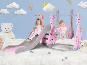 4 in 1 Toddler Slide and Swing Set, Kid Slide for Age 18-36 Months Indoor Outdoor Baby Slide Playset with Basketball Hoop, Ball, Climber and Swing, Toddler Slide Plastic Slide(Pink)