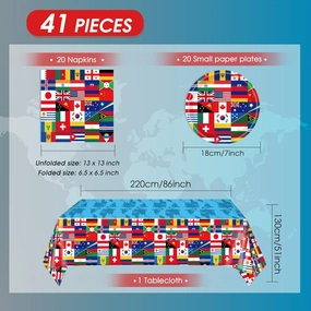 41 PCS International World Flags Decorations International Flags Themed Disposable Tableware Around the World Decorations Plates Napkins Tablecloth for Travel Trip Around the Globe Retirement Party