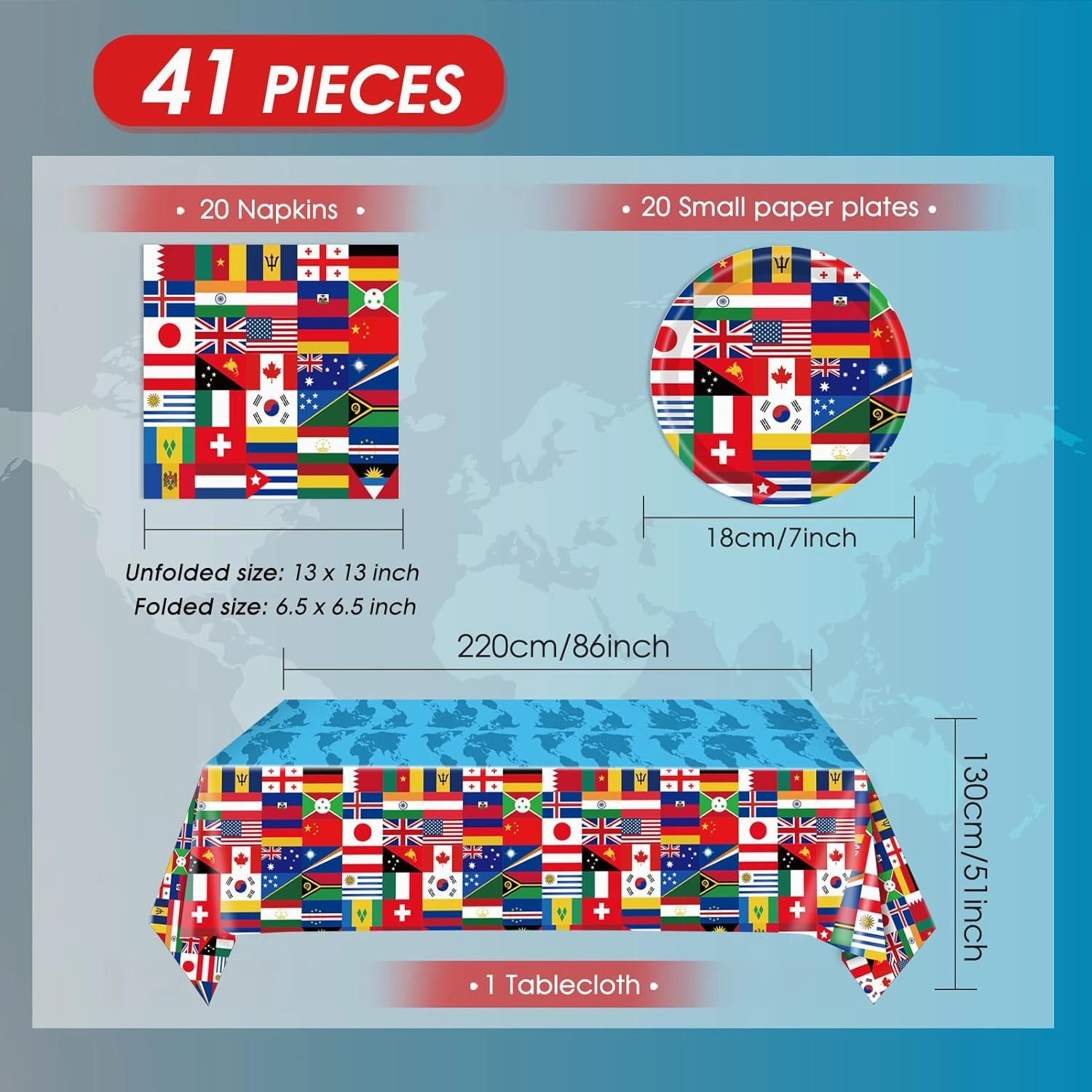 41 PCS International World Flags Decorations International Flags Themed Disposable Tableware Around the World Decorations Plates Napkins Tablecloth for Travel Trip Around the Globe Retirement Party