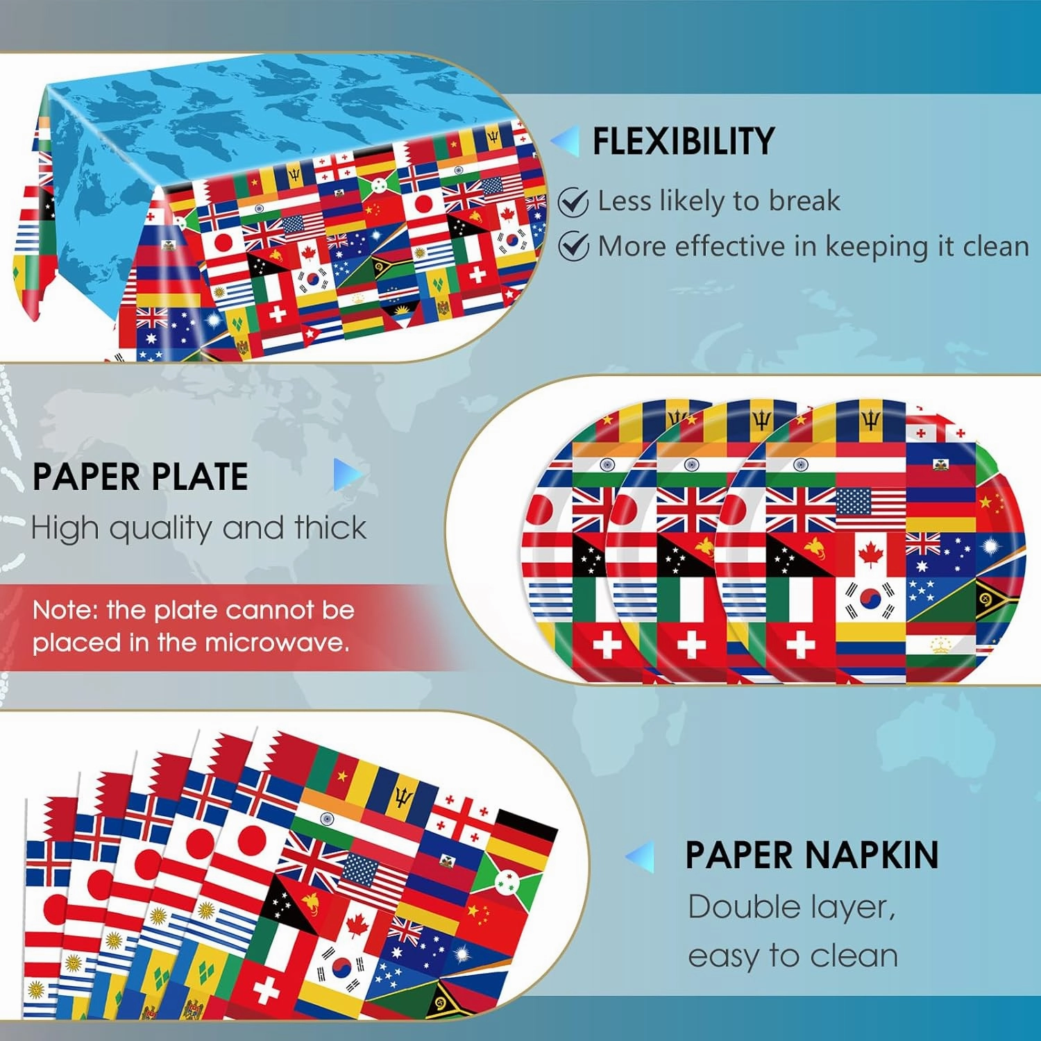 41 PCS International World Flags Decorations International Flags Themed Disposable Tableware Around the World Decorations Plates Napkins Tablecloth for Travel Trip Around the Globe Retirement Party