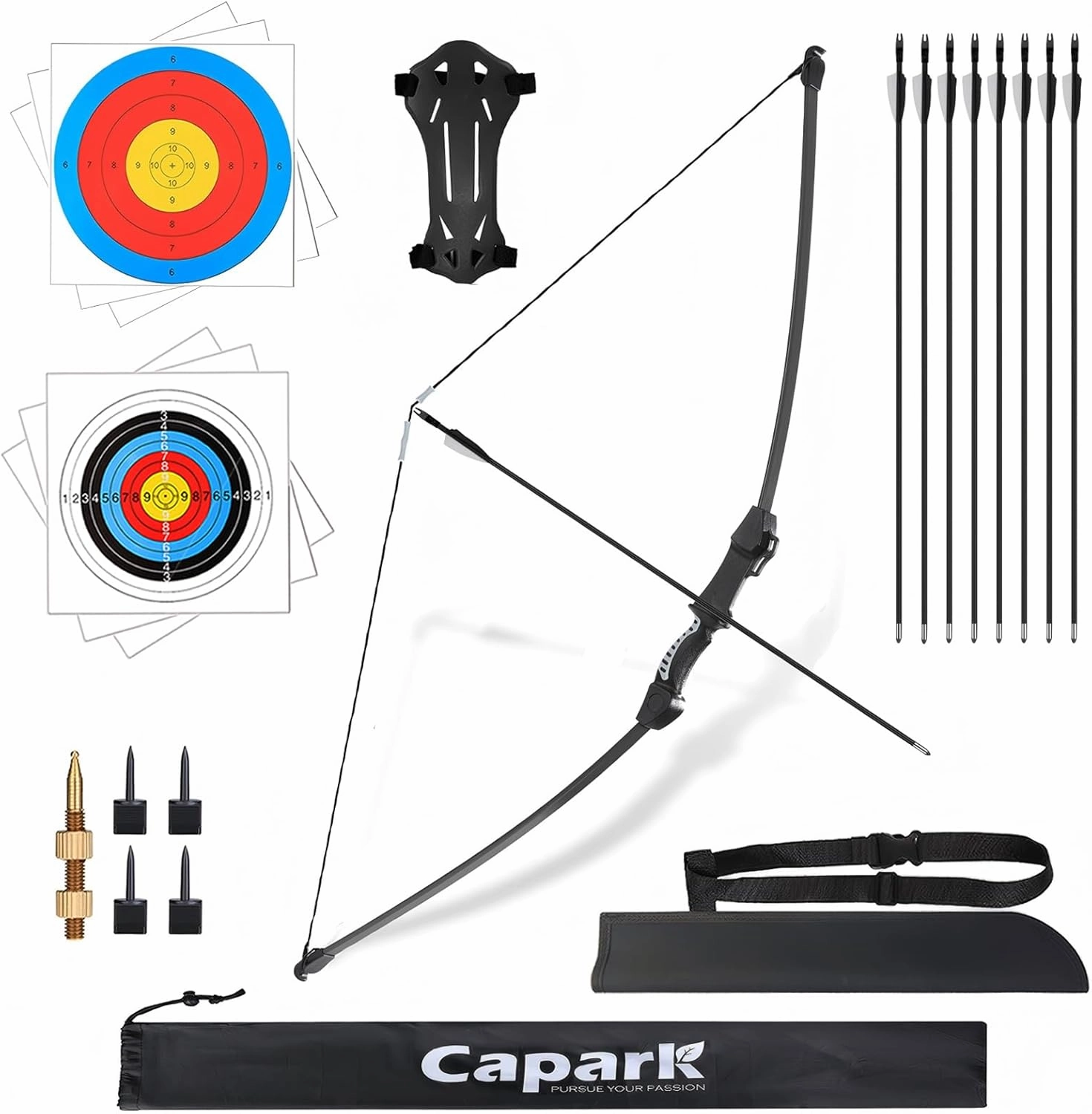 45'' Bow and Arrows Set for Kids 8-12 Teens Recurve Archery Beginner Longbow Kit 8 Arrows 6 Target Face Backyard Games Hunting Toys Gift for Outdoor Sports Age 12-14 14-16
