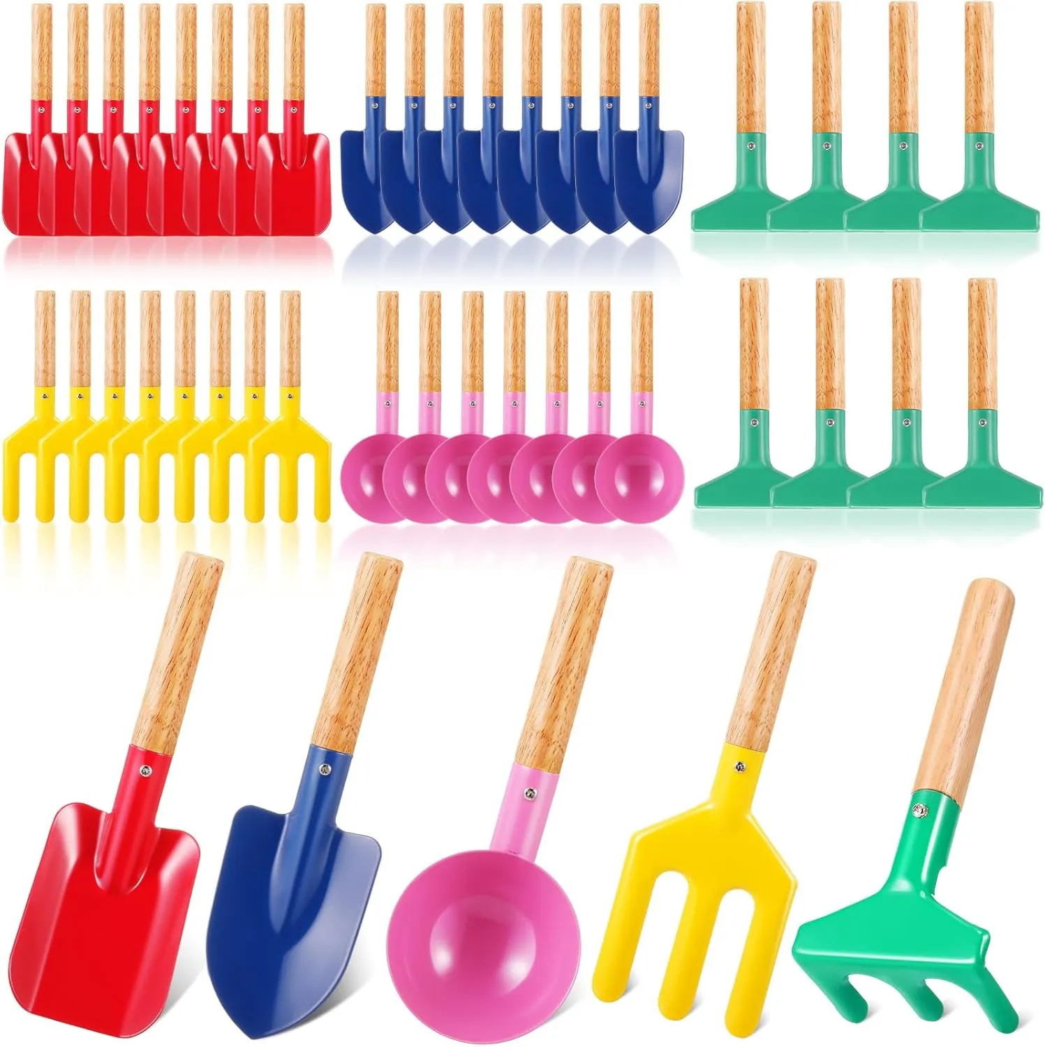 48 Pcs Children Beach Sand Toys Kids Gardening Tools Set Metal Including Shovel, Rake, Fork and Trowel, Summer Beach Sandbox Digging Toys with Wooden Handle Hoe for Kid Outdoor Gift