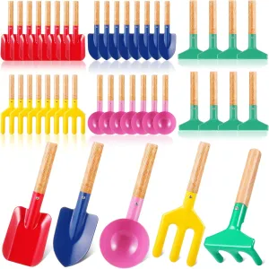 48 Pcs Children Beach Sand Toys Kids Gardening Tools Set Metal Including Shovel, Rake, Fork and Trowel, Summer Beach Sandbox Digging Toys with Wooden Handle Hoe for Kid Outdoor Gift