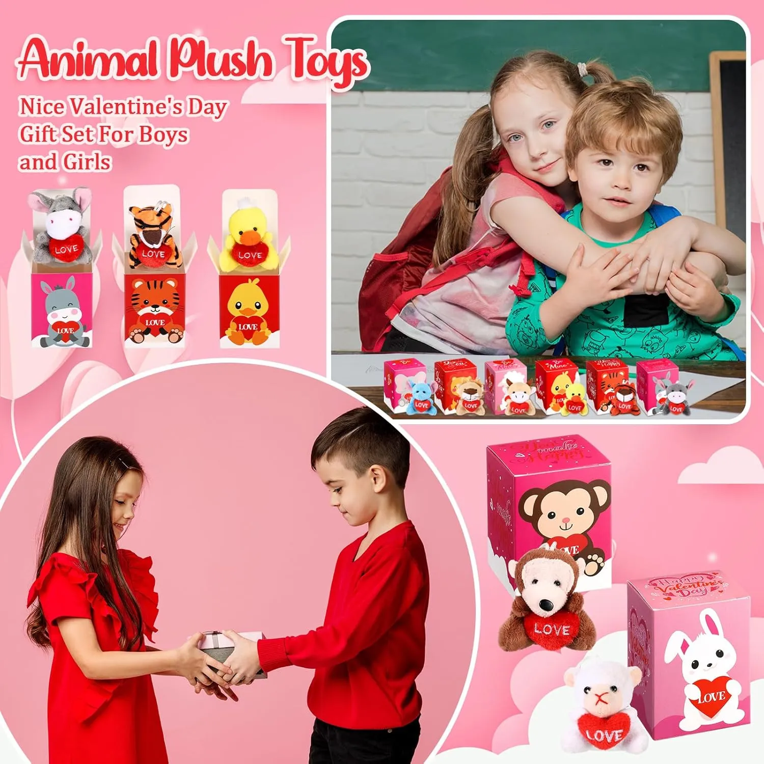 48 Pcs Valentine‘s Day Mini Stuffed Animal with Boxes, Valentine Mini Animal Plush Toy Gift Set for Valentine Party Favors Classroom Exchange Gift Valentine‘s Day Goody Bag Stuffers