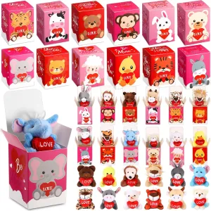 48 Pcs Valentine‘s Day Mini Stuffed Animal with Boxes, Valentine Mini Animal Plush Toy Gift Set for Valentine Party Favors Classroom Exchange Gift Valentine‘s Day Goody Bag Stuffers