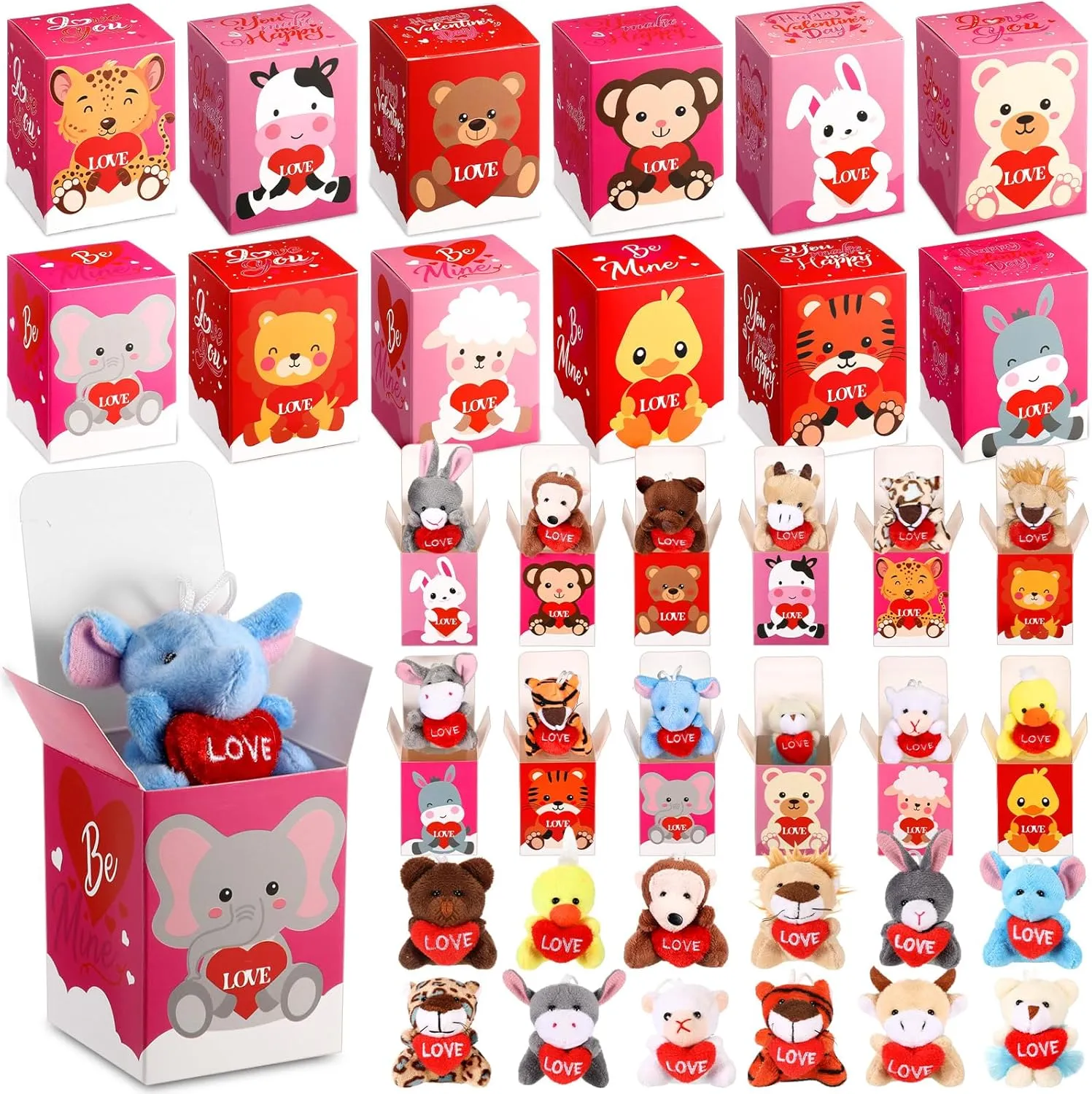 48 Pcs Valentine‘s Day Mini Stuffed Animal with Boxes, Valentine Mini Animal Plush Toy Gift Set for Valentine Party Favors Classroom Exchange Gift Valentine‘s Day Goody Bag Stuffers