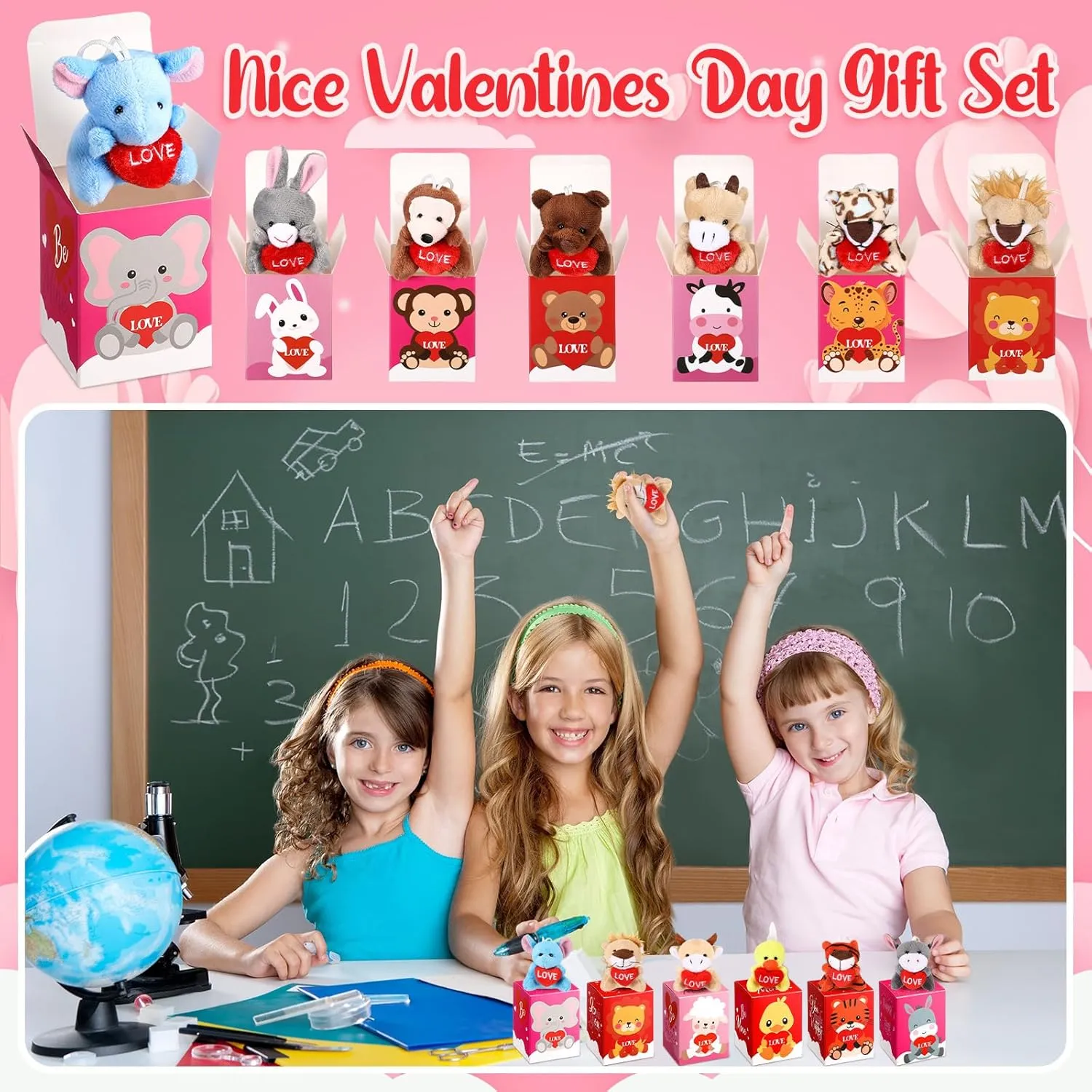 48 Pcs Valentine‘s Day Mini Stuffed Animal with Boxes, Valentine Mini Animal Plush Toy Gift Set for Valentine Party Favors Classroom Exchange Gift Valentine‘s Day Goody Bag Stuffers