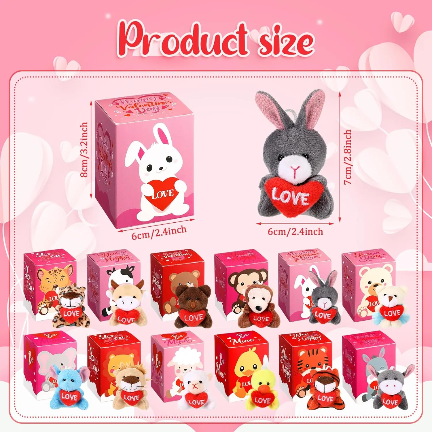 48 Pcs Valentine‘s Day Mini Stuffed Animal with Boxes, Valentine Mini Animal Plush Toy Gift Set for Valentine Party Favors Classroom Exchange Gift Valentine‘s Day Goody Bag Stuffers