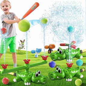 4-in-1 Water Sprinkler Baseball Crocodile Toy for Kids, Rotating Sprinkler, 3-Way Tee Ball Game, Summer Backyard Fun for Boys & Girls, Outdoor Lawn Party Play Set(Crocodile)