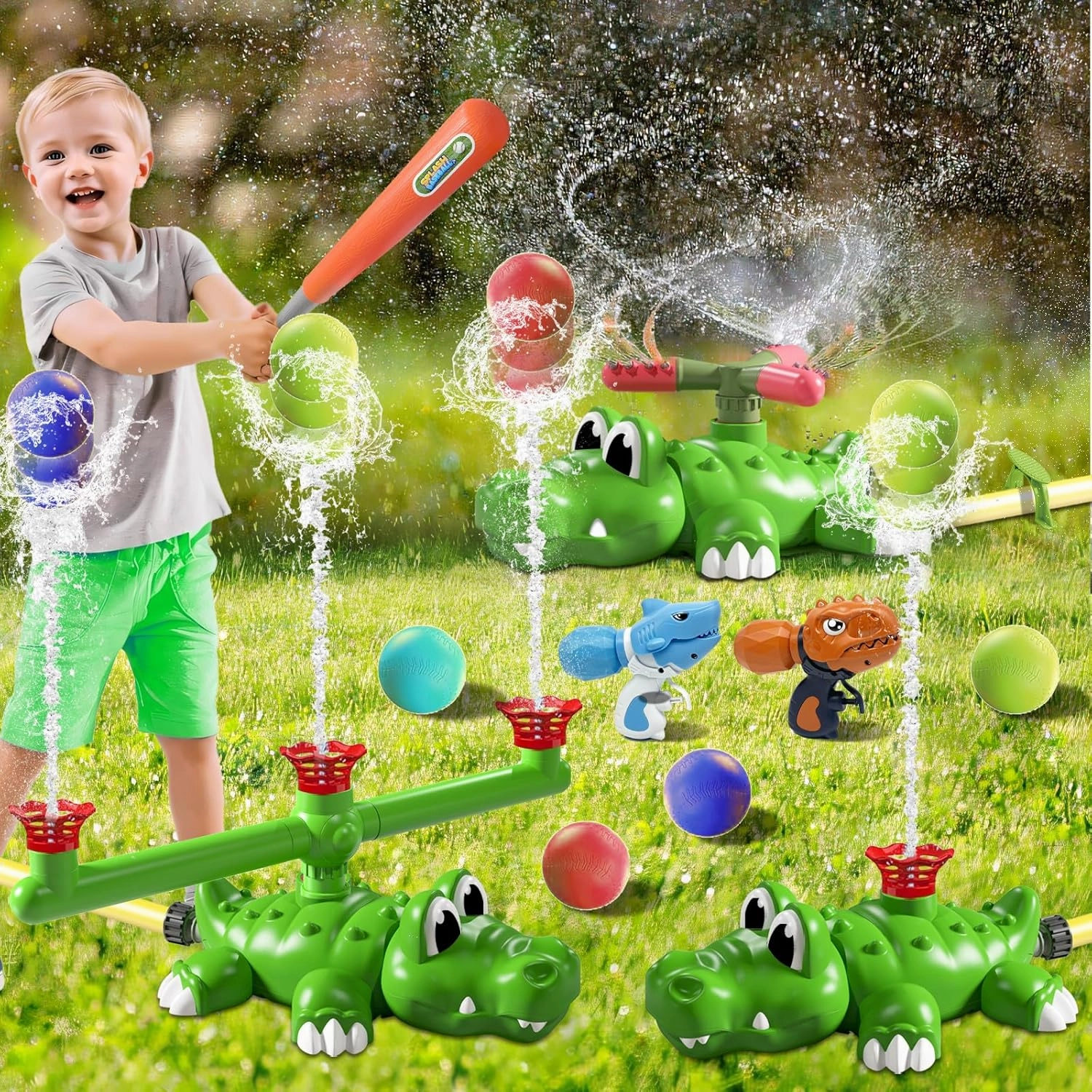 4-in-1 Water Sprinkler Baseball Crocodile Toy for Kids, Rotating Sprinkler, 3-Way Tee Ball Game, Summer Backyard Fun for Boys & Girls, Outdoor Lawn Party Play Set(Crocodile)
