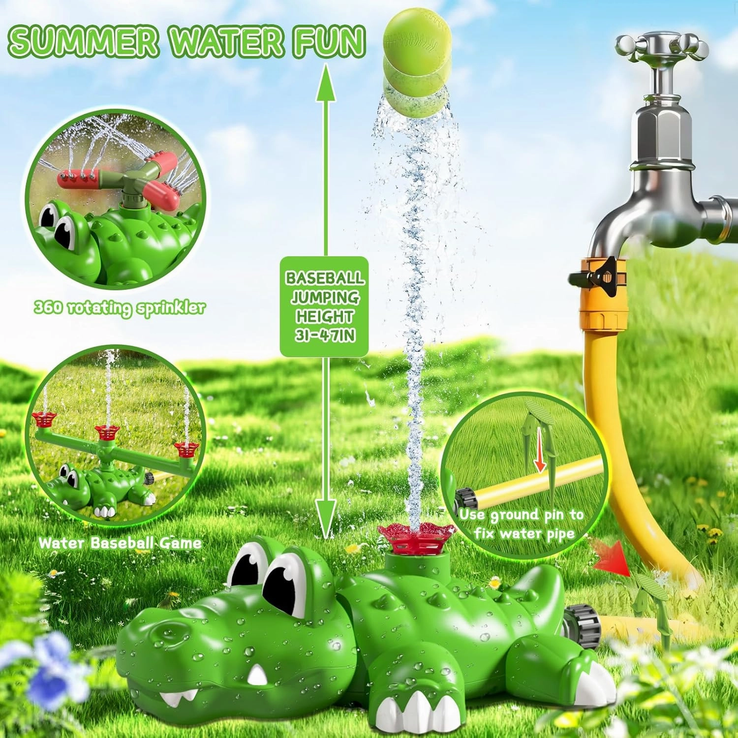 4-in-1 Water Sprinkler Baseball Crocodile Toy for Kids, Rotating Sprinkler, 3-Way Tee Ball Game, Summer Backyard Fun for Boys & Girls, Outdoor Lawn Party Play Set(Crocodile)