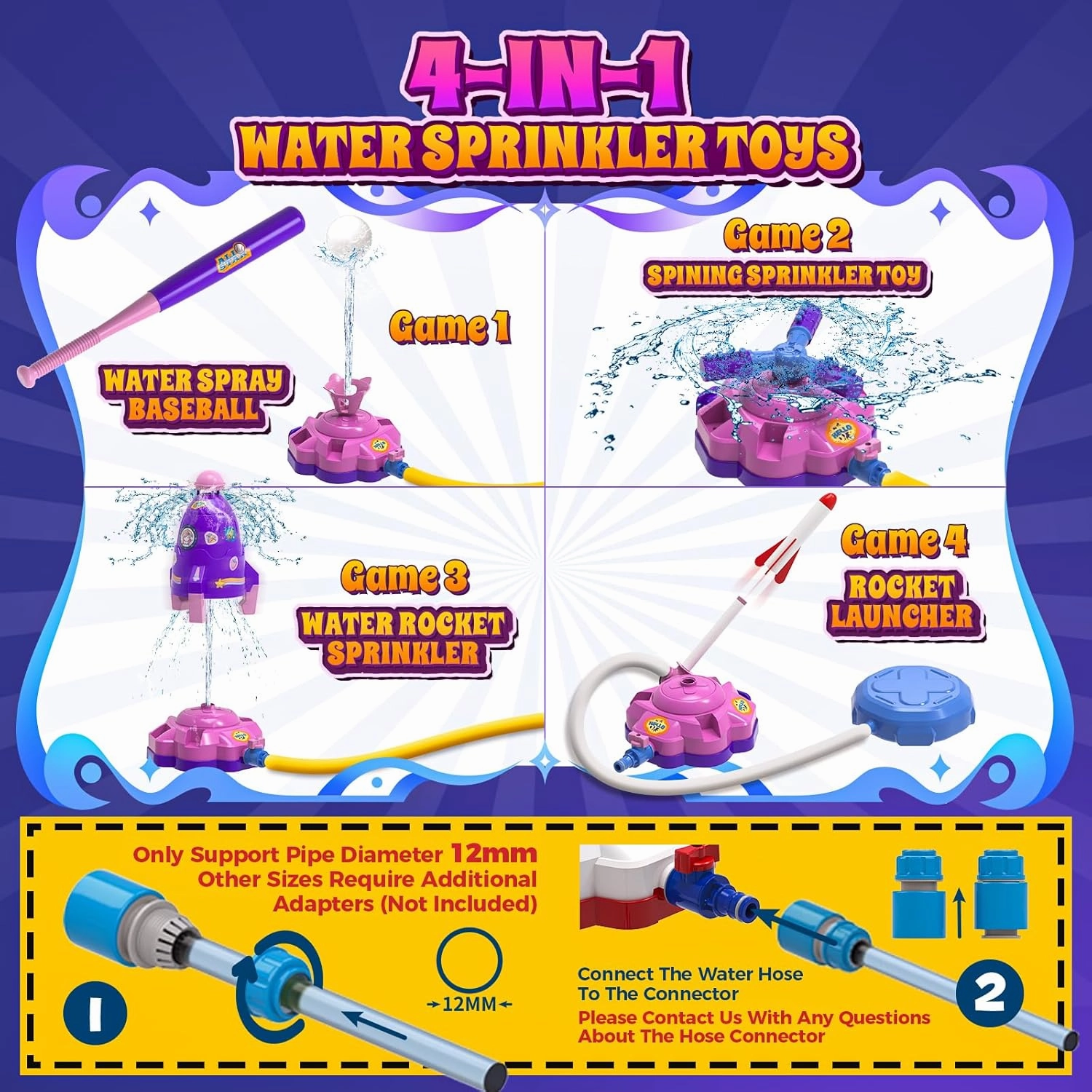 4-in-1 Water Sprinkler Baseball Toy for Kids, Outdoor Water Rocket Sprinkler Launch Toys for Yard, 4 Baseballs & Rocket Launcher Outside Lawn Pool Summer Game Gifts for Boys Girls Ages 3-8 8-12 (Pink)