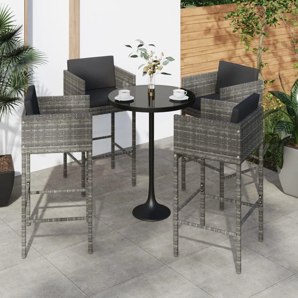 4-Piece Gray Poly Rattan Bar Stools with Cushions for Outdoor Patio Kitchen Dining Living Space – Sturdy Steel Frame Lightweight Design Easy to Clean Weather Resistant