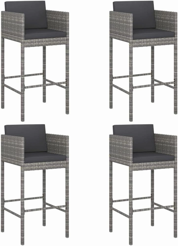 4-Piece Gray Poly Rattan Bar Stools with Cushions for Outdoor Patio Kitchen Dining Living Space – Sturdy Steel Frame Lightweight Design Easy to Clean Weather Resistant
