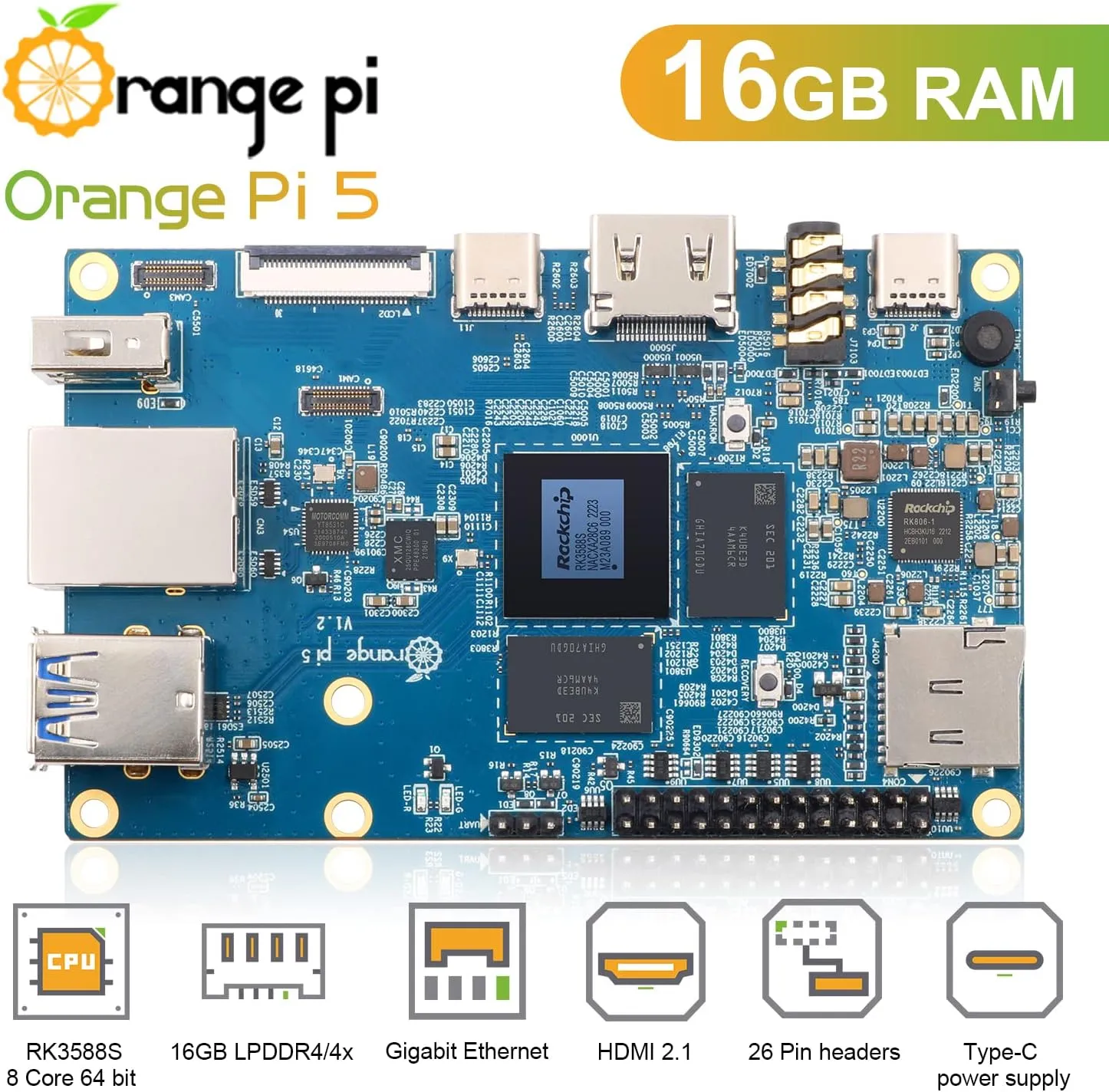 5 16GB Rockchip RK3588S 8-Core 64 Bit Single Board Computer, Up to 2.4GHz and 8K Video Codec Support Development Board Run Orange Pi/Ubuntu/Debian/Android 12 OS (16GB  Power Supply)