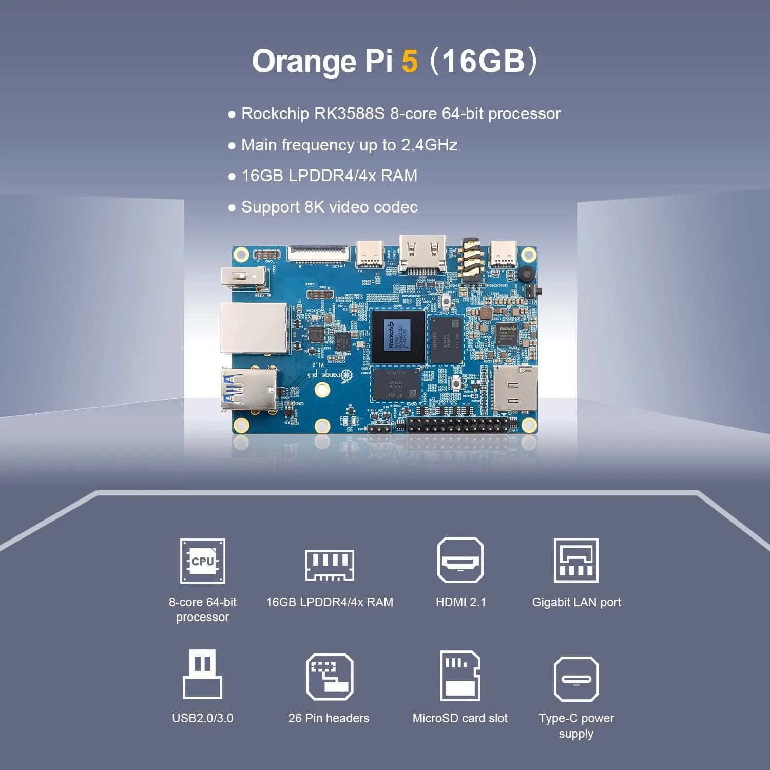 5 16GB Rockchip RK3588S 8-Core 64 Bit Single Board Computer, Up to 2.4GHz and 8K Video Codec Support Development Board Run Orange Pi/Ubuntu/Debian/Android 12 OS (16GB  Power Supply)