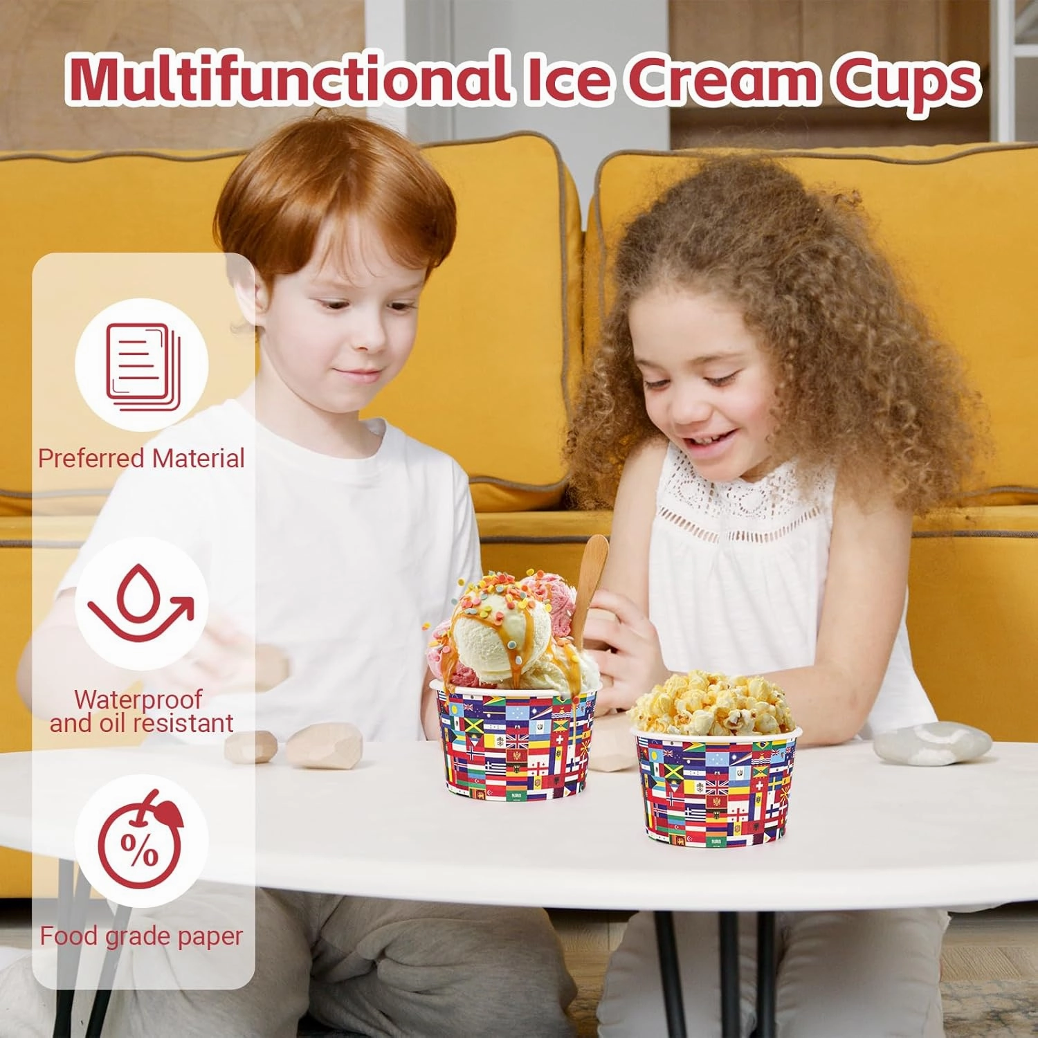 50 Pcs International World Flags Paper Cups Bulk 9 oz Treat Snack Bowls Disposable Ice Cream Cups for Around the World Globe Travel Trip Party Supplies Decorations