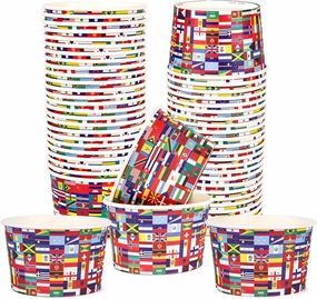 50 Pcs International World Flags Paper Cups Bulk 9 oz Treat Snack Bowls Disposable Ice Cream Cups for Around the World Globe Travel Trip Party Supplies Decorations