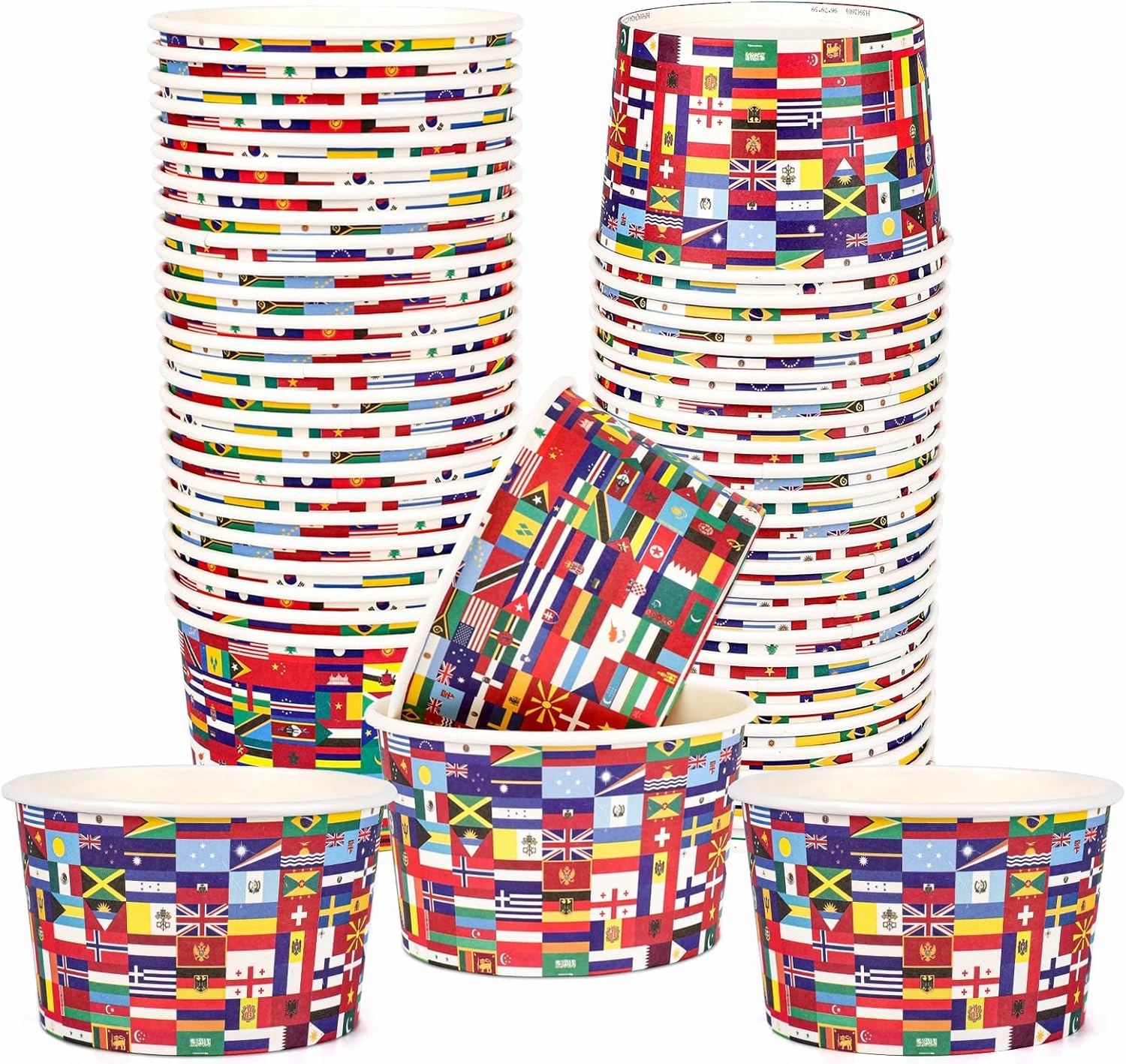50 Pcs International World Flags Paper Cups Bulk 9 oz Treat Snack Bowls Disposable Ice Cream Cups for Around the World Globe Travel Trip Party Supplies Decorations