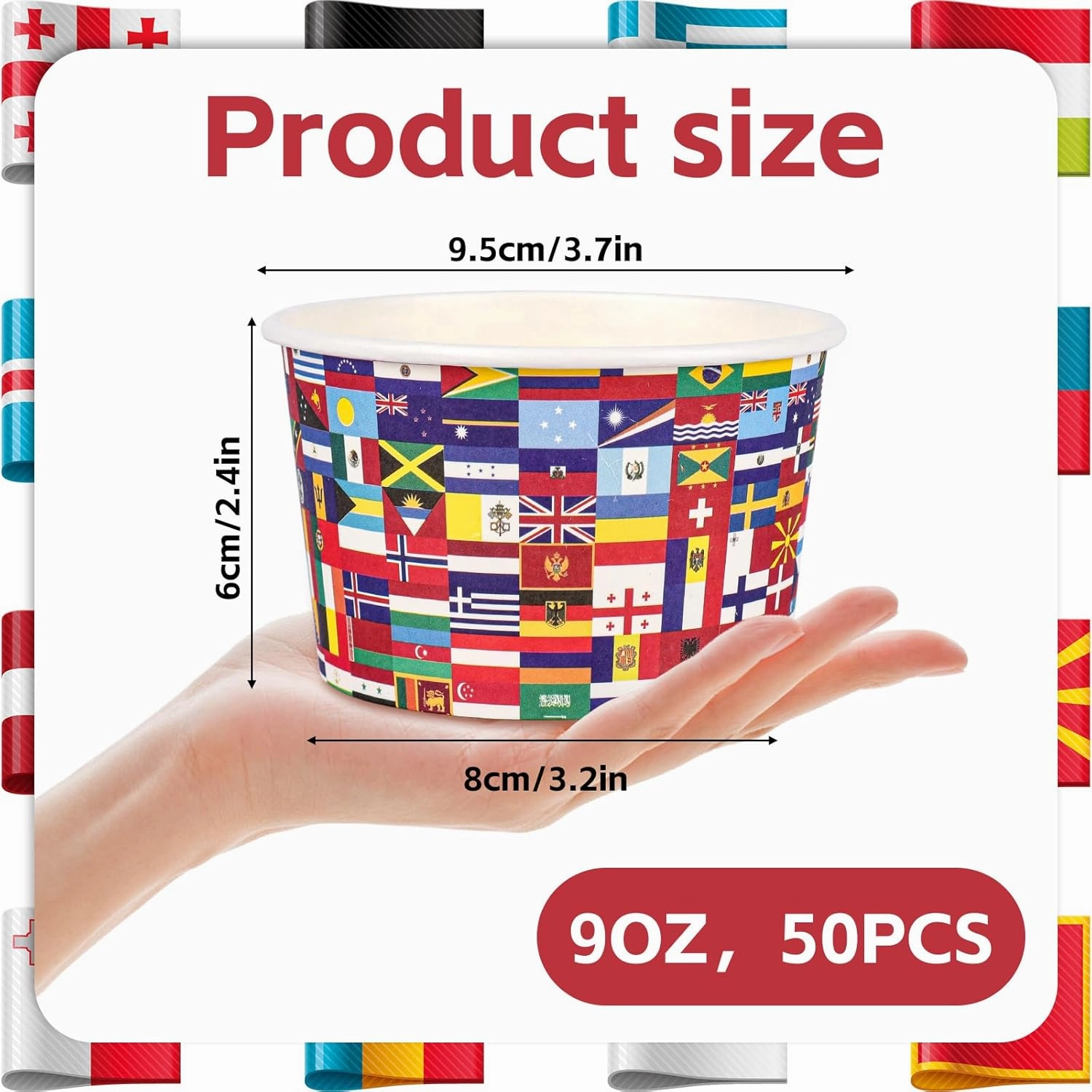 50 Pcs International World Flags Paper Cups Bulk 9 oz Treat Snack Bowls Disposable Ice Cream Cups for Around the World Globe Travel Trip Party Supplies Decorations