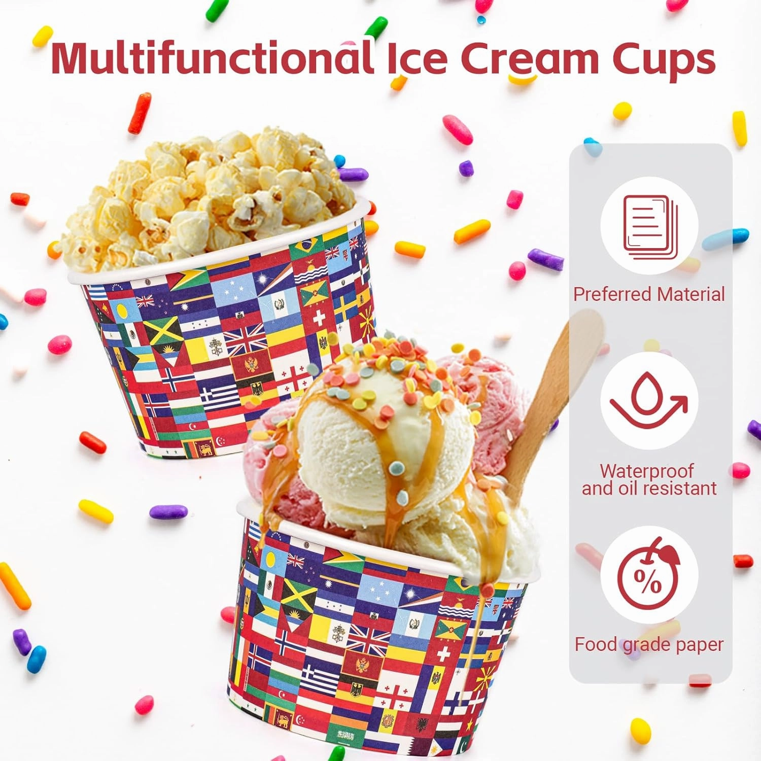 50 Pcs International World Flags Paper Cups Bulk 9 oz Treat Snack Bowls Disposable Ice Cream Cups for Around the World Globe Travel Trip Party Supplies Decorations