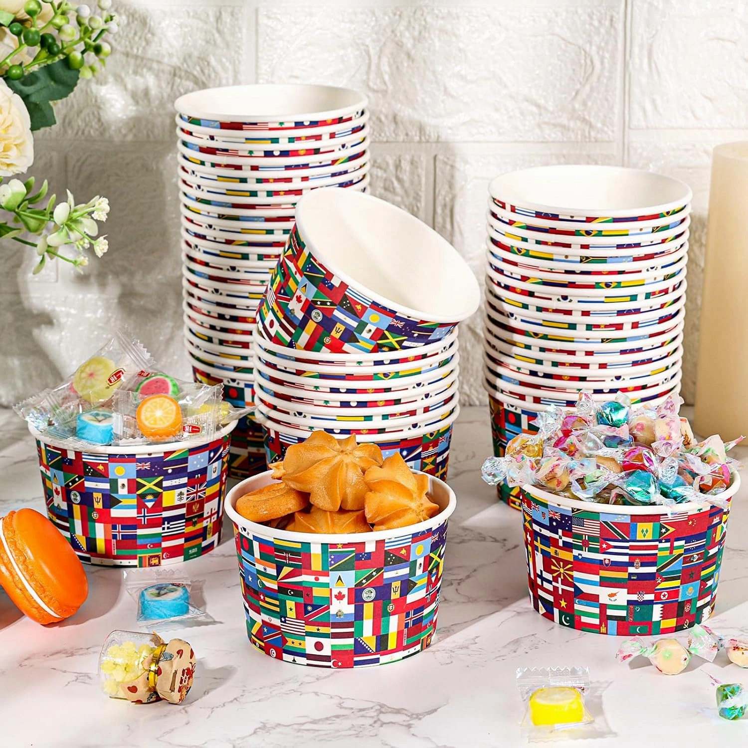 50 Pcs International World Flags Paper Cups Bulk 9 oz Treat Snack Bowls Disposable Ice Cream Cups for Around the World Globe Travel Trip Party Supplies Decorations