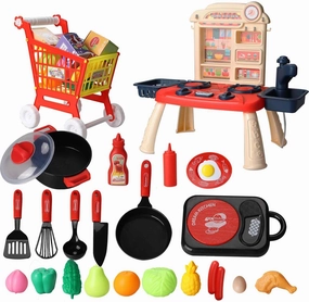 52PCS Kids Play Kitchen Toys, Toddlers Pretend Cooking Playset with Play Food and Shopping Storage Basket, Preschool Learning Education Toy Gifts for Boys Girls