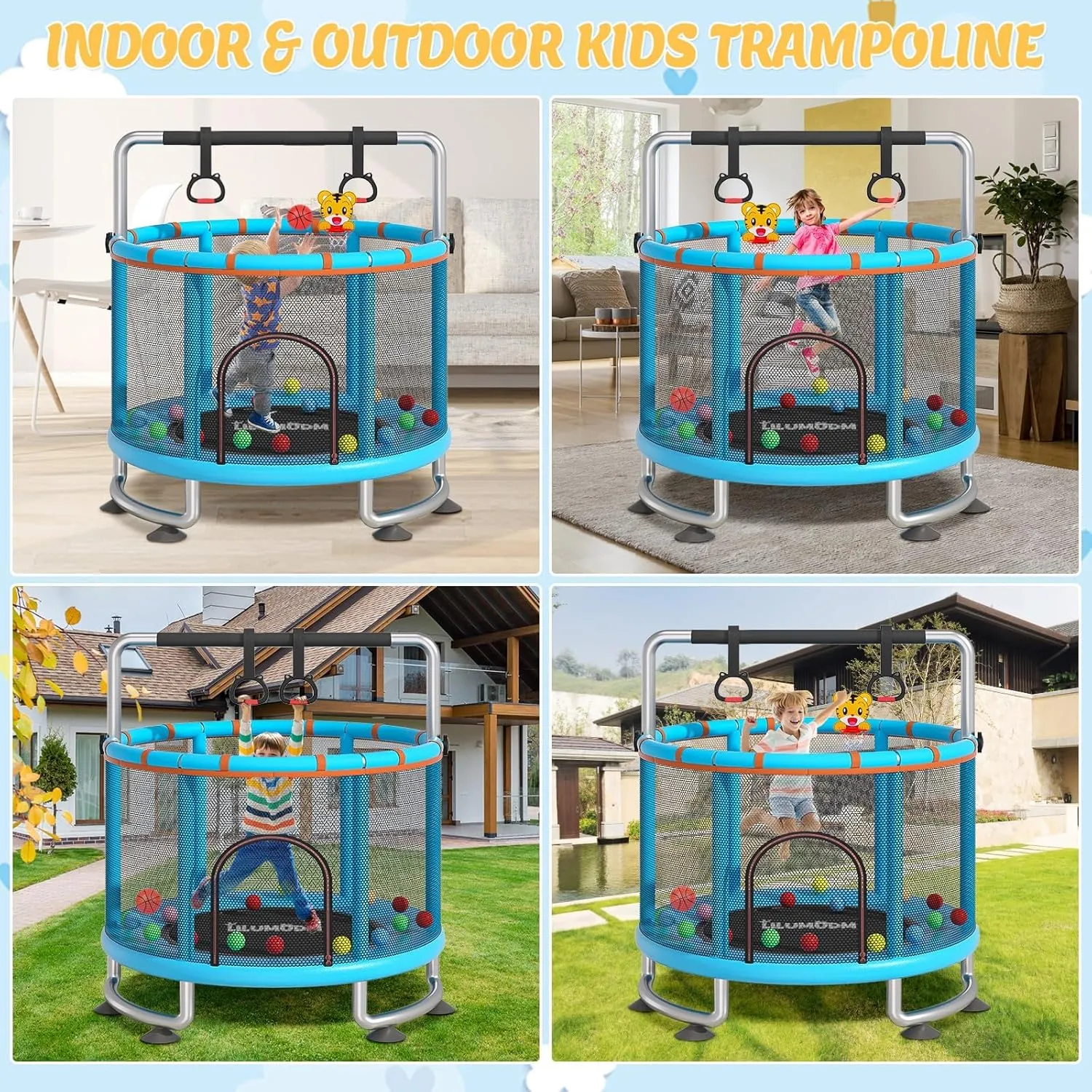 55" Toddler Trampoline for Kids,LILUMUDM Indoor Outdoor Trampoline with Enclosure Net, Adjustable Gymnastics Bars,Basketball Hoop,Baby Trampoline Jumping Mat Birthday Gifts for Children Boy Girl.