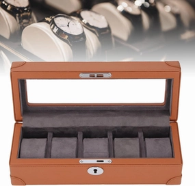 5 Slot Watch Box with Glass Window, Microfiber Leather Exquisite Soft Plush Lining, Mechanical Watch Case, for All Occasions (Brown)