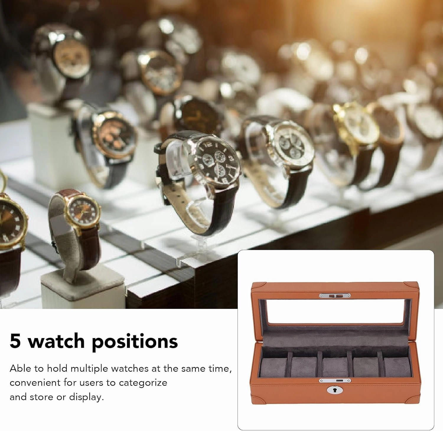 5 Slot Watch Box with Glass Window, Microfiber Leather Exquisite Soft Plush Lining, Mechanical Watch Case, for All Occasions (Brown)