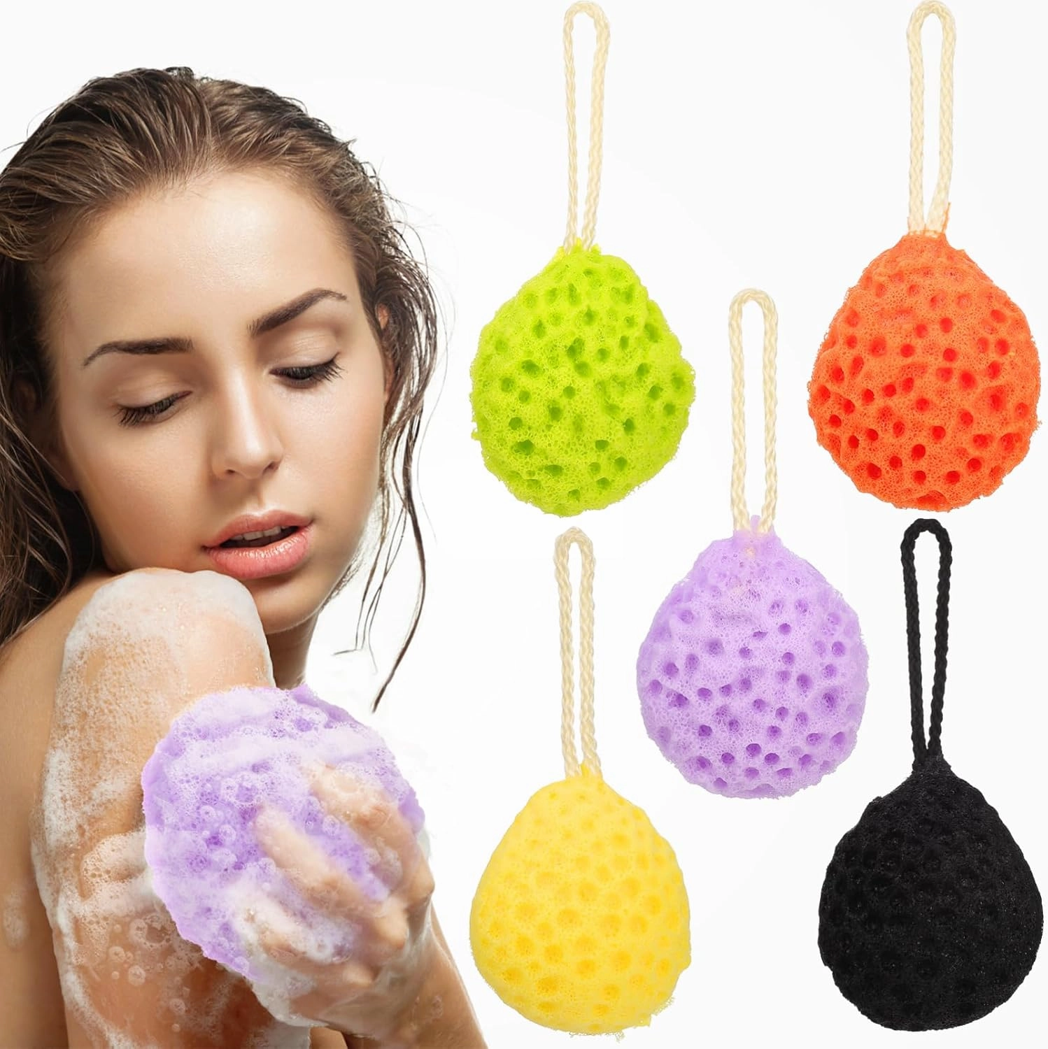 5Pcs Cute Bath Sponge Exfoliating Shower Sponge for Gentle Cleansing High Absorbency Body Wash Scrubber Collection with Convenient Hanging Loops for Effortless