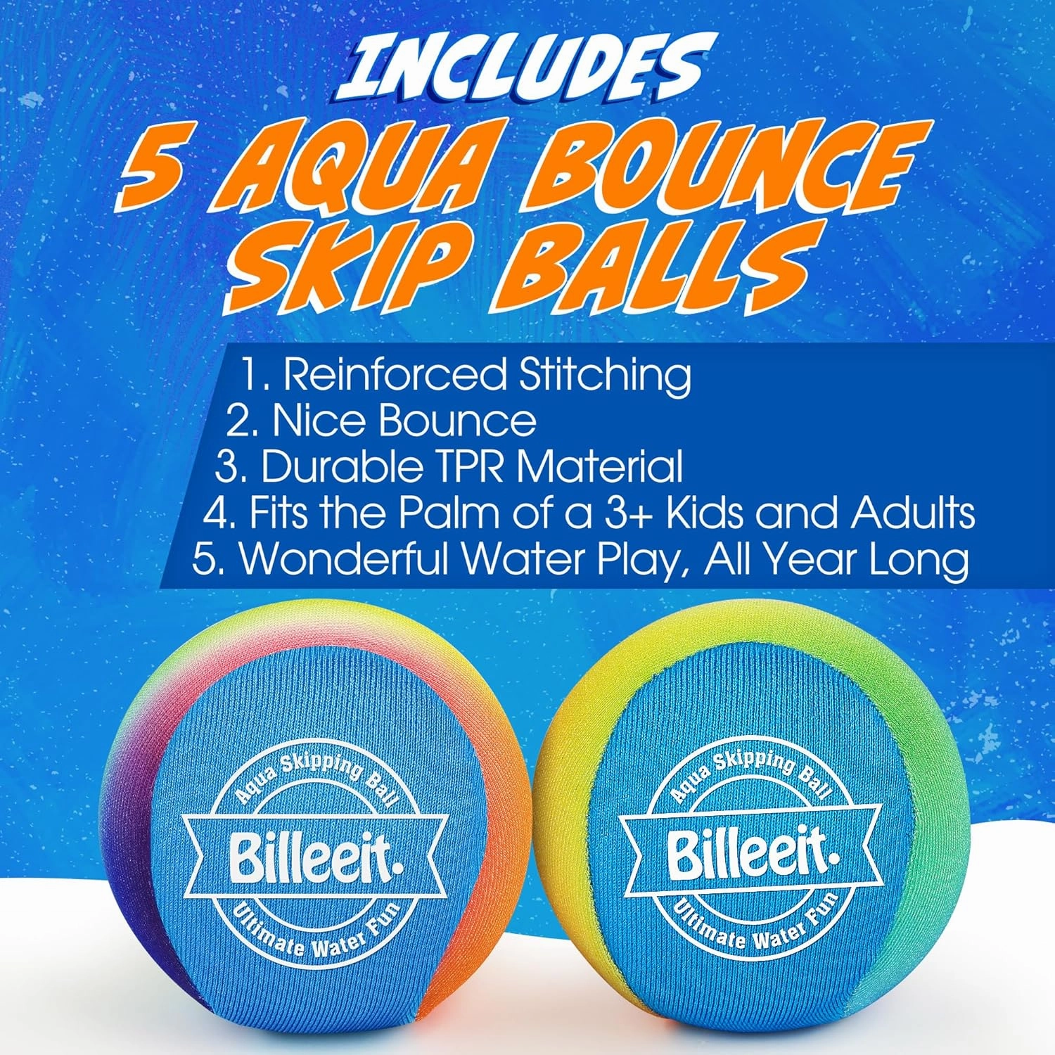 5Pcs Water Skipping Balls Set for Pool Play, Multi-Colored Splash Water Bouncing Balls, Fun Water Pool Beach Swim Toys & Games for Kids 3  4-8-12 and Adults