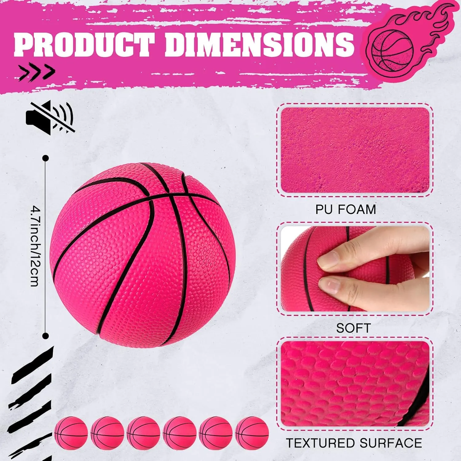 6 Pcs 4'' Mini Foam Basketballs for Kids Adults, Squeeze Stress Ball Safe Soft Replacement Beach Pool Basketball for Indoor Hoop Toddler Quiet Bouncy Sport Game(Pink)