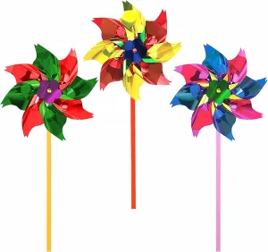 6” Pinwheels | Pinwheels for Kids | Fun Toys for Backyard Games and Family Games | (24) Pieces | Metallic Color Assortment | 6” Wind Spinner Diameter, 12” Spinner Stick