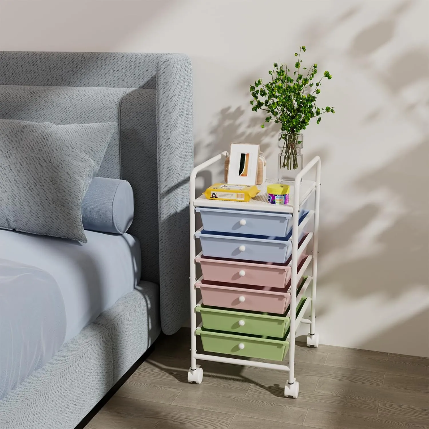 6-Tier Utility Cart with 6 Drawers, Rolling Utility Cart with 2 Lockable Caster Wheels, Multipurpose Mobile Rolling Drawer Cart for Office Bathroom Kitchen, Colorful