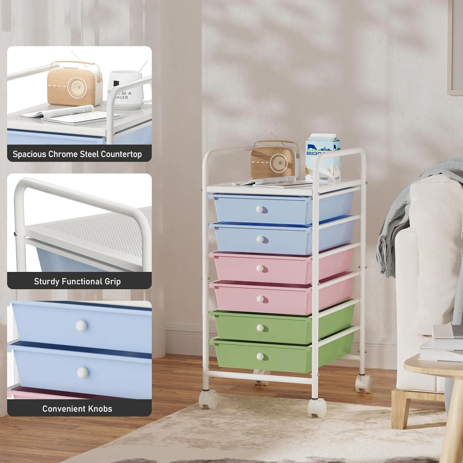 6-Tier Utility Cart with 6 Drawers, Rolling Utility Cart with 2 Lockable Caster Wheels, Multipurpose Mobile Rolling Drawer Cart for Office Bathroom Kitchen, Colorful