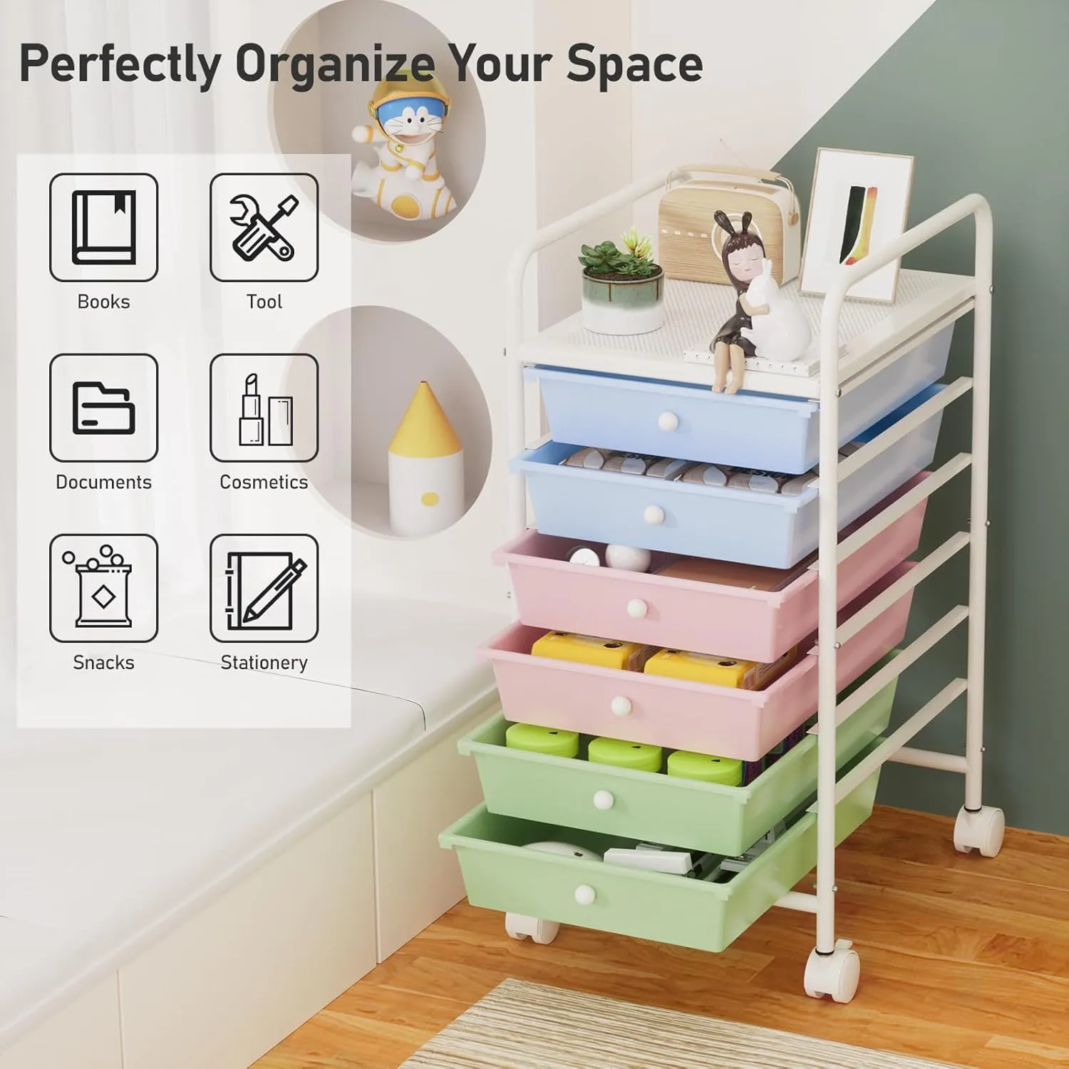 6-Tier Utility Cart with 6 Drawers, Rolling Utility Cart with 2 Lockable Caster Wheels, Multipurpose Mobile Rolling Drawer Cart for Office Bathroom Kitchen, Colorful