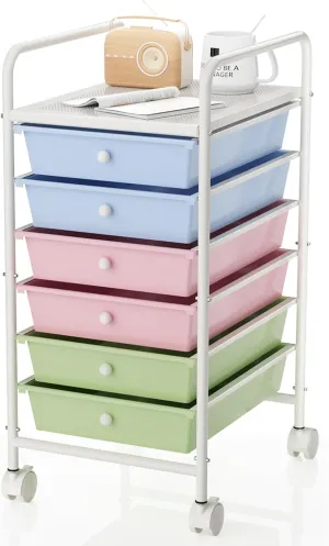 6-Tier Utility Cart with 6 Drawers, Rolling Utility Cart with 2 Lockable Caster Wheels, Multipurpose Mobile Rolling Drawer Cart for Office Bathroom Kitchen, Colorful