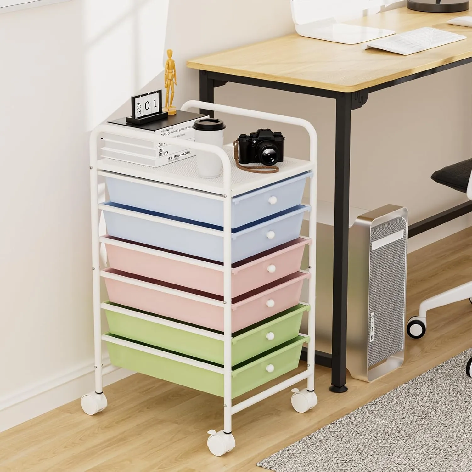 6-Tier Utility Cart with 6 Drawers, Rolling Utility Cart with 2 Lockable Caster Wheels, Multipurpose Mobile Rolling Drawer Cart for Office Bathroom Kitchen, Colorful