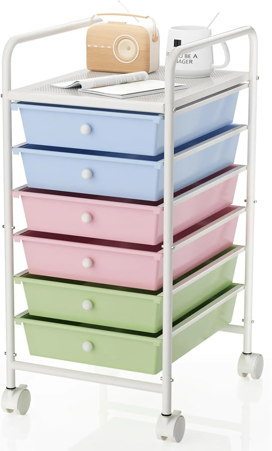 6-Tier Utility Cart with 6 Drawers, Rolling Utility Cart with 2 Lockable Caster Wheels, Multipurpose Mobile Rolling Drawer Cart for Office Bathroom Kitchen, Colorful
