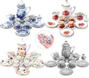 60 Pieces 1:12 Scale Miniatures Dollhouse Porcelain Tea Cup Set, Flower Pattern, Plum Blossom, Red Rose Teapot Cup Set Porcelain Accessories(Blooming Porcelain Series)