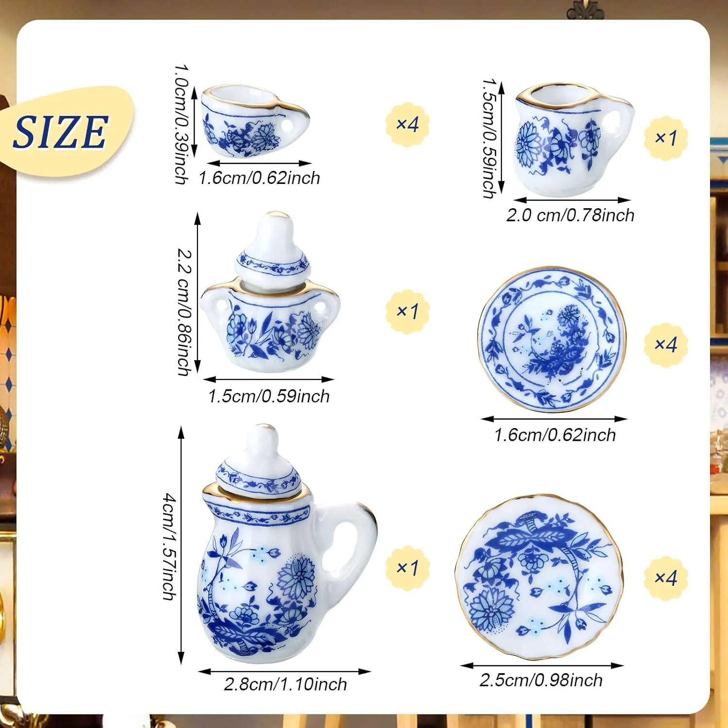 60 Pieces 1:12 Scale Miniatures Dollhouse Porcelain Tea Cup Set, Flower Pattern, Plum Blossom, Red Rose Teapot Cup Set Porcelain Accessories(Blooming Porcelain Series)